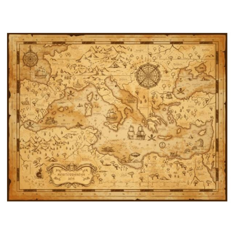 Plakát, Obraz - Old vintage map of Mediterranean sea, pirate sail, seamartini, 40 × 30 cm