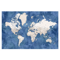 Mapa Blue and beige watercolor detailed world map, Blursbyai, 40 × 26.7 cm