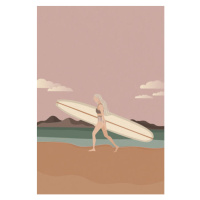 Ilustrace Surfer girl walking on the beach, LucidSurf, 26.7 × 40 cm