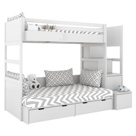 BAMI Bílá patrová postel se dvěma lůžky SIMONE s úložnými schody a policí 90x200 cm, 120x200 cm 