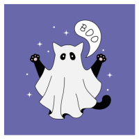 Ilustrace Cute ghost cat halloween theme flat, Anastasia Malachi, 40 × 40 cm