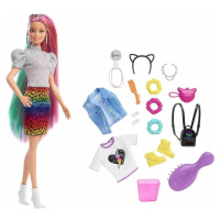 Mattel barbie leopardí panenka s duhovými vlasy a doplňky, grn81