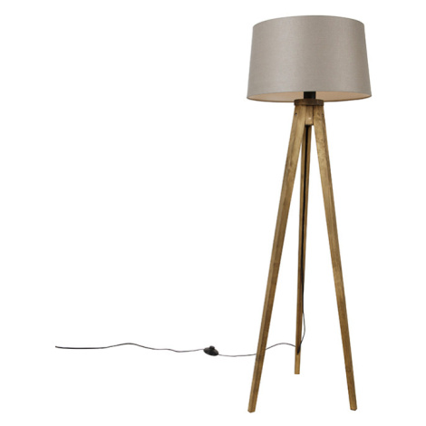 Rustikální stojací lampa na stativu s vintage dřevem a lněným stínítkem taupe 45 cm - Tripod Cla QAZQA