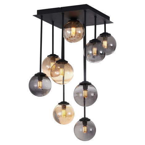 Moderní stropní svítidlo černé s jantarovým a kouřovým sklem 9 světel - Atény QAZQA