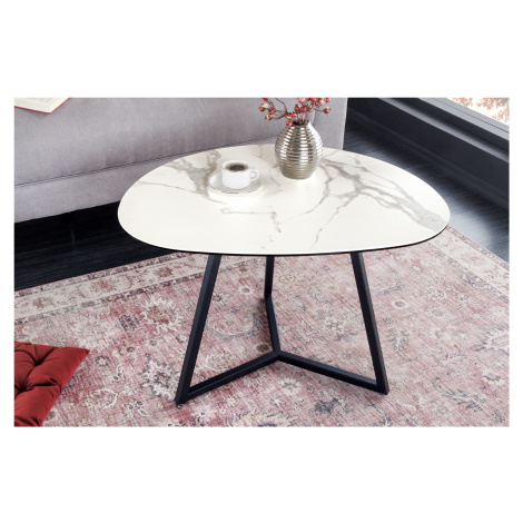Estila Oválný konferenční stolek Ceramia s bílou vrchní deskou s mramorovým designem a černými n