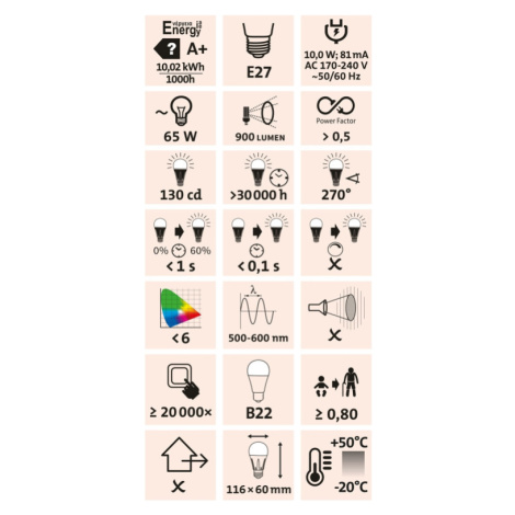 žárovka LED klasická, 800lm, 9W, E27, teplá bílá Extol Light