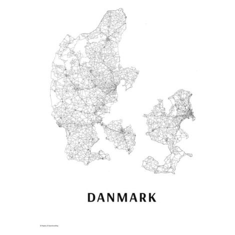 Mapa Danmark black & white, 30 × 40 cm