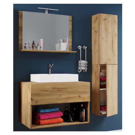 VCM 4dílná umyvadlová skříňka Lendas II 80 cm včetně zrcadla a vysoké skříňky, dub medový
