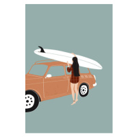 Ilustrace Flat illustration of surfer girl holding, LucidSurf, 26.7 × 40 cm