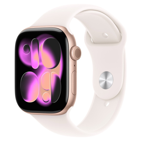 Apple Watch Series 11 42mm Růžově zlatý hliník se světle ruměným sportovním řemínkem - S/M