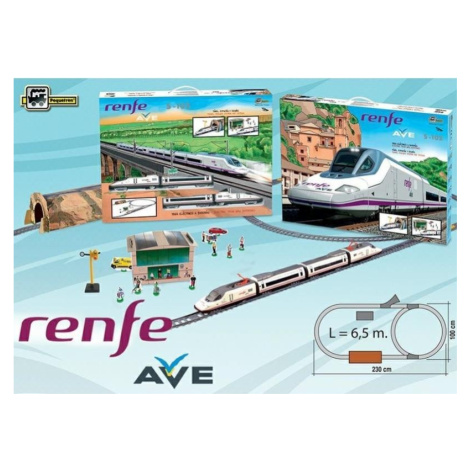 Vysokorychlostní vlak Renfe Ave s horským tunelem a stanicí Pequetren