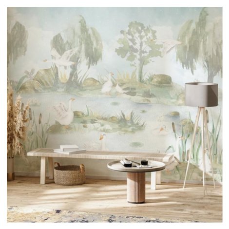 Vinylová tapeta se strukturou plátna s motivem husek v přírodě