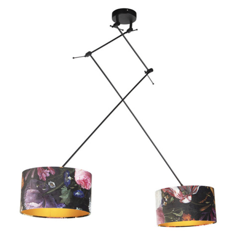 Závěsné svítidlo černé ssametovými stínidly skvětinami azlatem 35 cm 2-světlo - Blitz QAZQA
