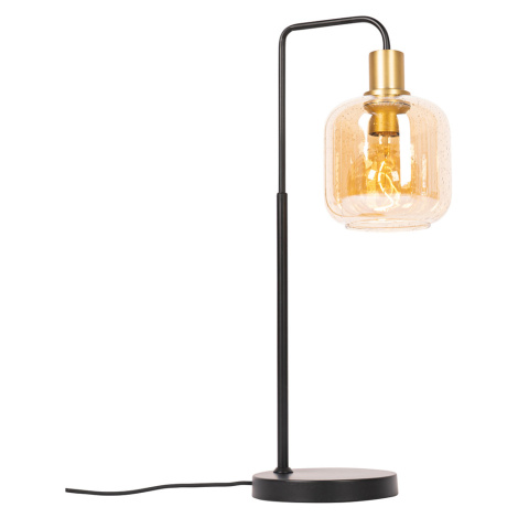 Designová stolní lampa černá s mosazí a jantarovým sklem - Zuzanna QAZQA