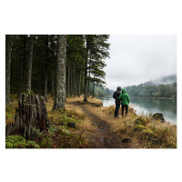 Fotografie Couple looks out over a misty lake in a forest., Tegra Stone Nuess, 40x26.7 cm
