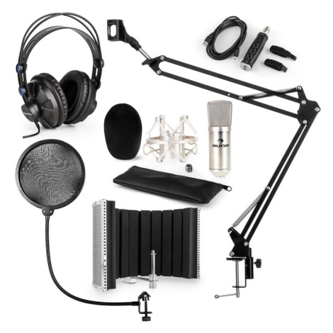 Auna CM001S mikrofonní sada V5 sluchátka, USB panel, mikrofonní rameno, pop filtr, panel, stříbr