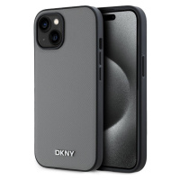 DKNY PU Leather Silver Metal Logo Magsafe kryt iPhone 14 šedý