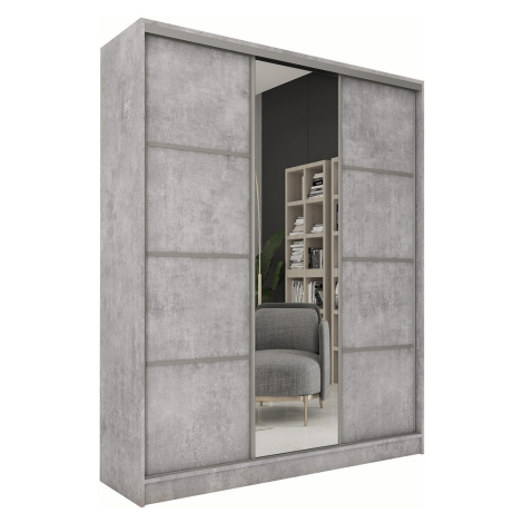 Šatní skříň LITOLARIS 150 se zrcadlem, 4 šuplíky a 2 šatními tyčemi, beton