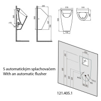 Bruckner SCHWARN urinál s automatickým splachovačem 6V DC, zadní přívod, zadní odpad 201.722.4