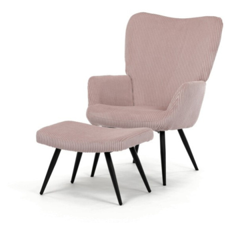 Relaxační křeslo ušák s taburetem ROYAL — kov, manšestr, růžová