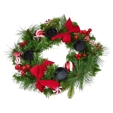BerryHome Adventní věnec s červenou mašlí a candy dekoracemi, O 30 cm