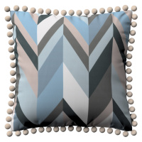 Dekoria Věra - potah na polštář ozdobné bambulky po obvodu, geometrický vzor  modrá béžová, 45 x