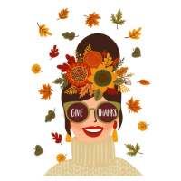 Ilustrace Happy Thanksgiving isolated illustration. Cute lady in wreath and glasses. Vector desi