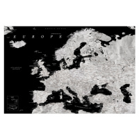 Mapa Black and grey detailed map of Europe in watercolor, Blursbyai, 40 × 26.7 cm