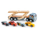 Dřevěný kamión Car Transporter Tender Leaf Toys s pohyblivou plošinou a 4 autíčky