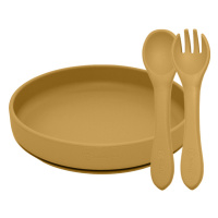 PETITE&MARS - Set jídelní silikonový TAKE&MATCH 2 ks talíř + příbor Intense Ochre 6m+
