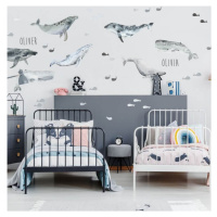 Dětské samolepky na zeď - Šedé velryby se jménem dítěte