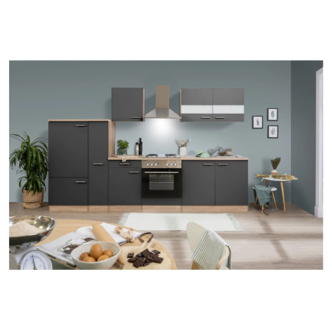 Respekta Kuchyně Merle šedá/dub 300 cm-nrz.deska/komín.digestoř/lednice