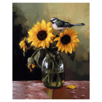 Obrazy na stěnu - Sýkka sedící u slunečnice Rozměr: 40x50 cm, Rámování: vypnuté plátno na rám