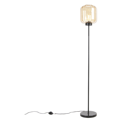 Designová stojací lampa černá s jantarovým sklem - Qara QAZQA
