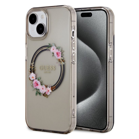 Pouzdro Guess PC/TPU Flowers Ring Glossy Logo MagSafe Apple iPhone 15 Black