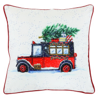 Polštář sametový s výplní, bílý - vánoční auto, 100% polyester, 45 x 45 cm.