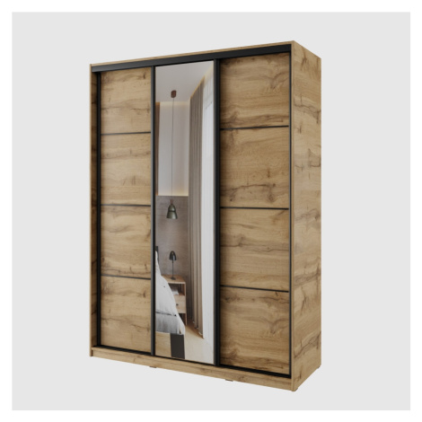 Šatní skříň NEJBY BARNABA 150 cm s posuvnými dveřmi, zrcadlem,4 šuplíky a 2 šatními tyčemi,dub w Lamivex