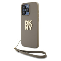 Zaní kryt DKNY PU Leather Stack Logo Wrist Strap pro Apple iPhone 15 Pro, béžová