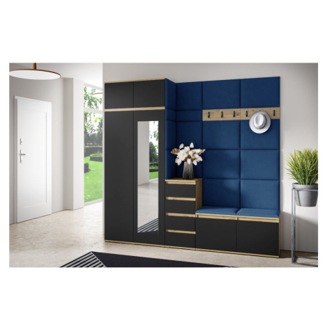 Eka Předsíňová stěna s čalouněnými panely Trinity 33 - Dub Artisan s černou / Tmavá modrá 2331