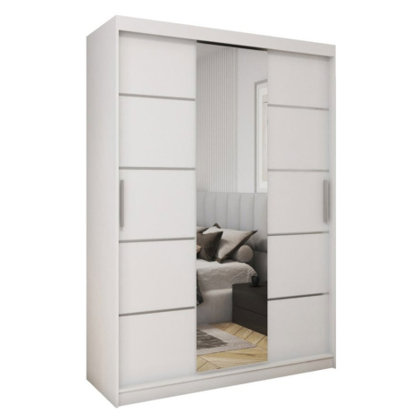 Nejlevnější nábytek Šatní skříň REBECA 150 se zrcadlem, 4 šuplíky a 2 šatními tyčemi, bílý mat