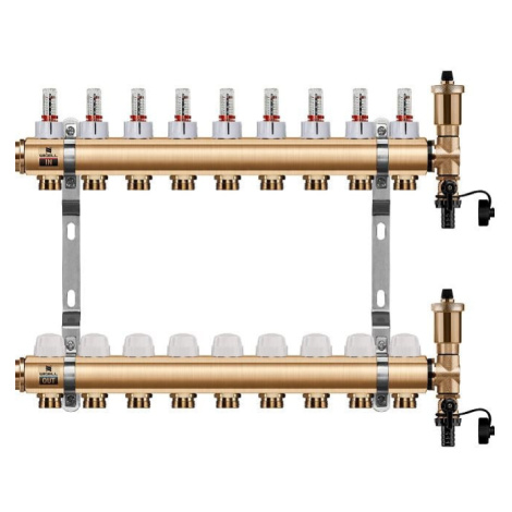 Wigell Podlahový rozdělovač WIGELL, 9 okruhů, mosazný + odvzdušňování na klíč