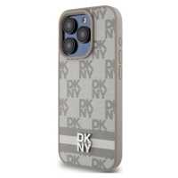 DKNY PU Leather Checkered Pattern and Stripe kryt iPhone 14 Pro béžový