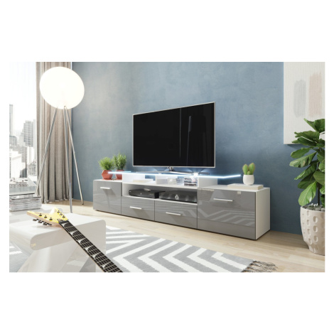 TV stolek s LED bílým osvětlením SOBRAL - bílý / lesklý šedý