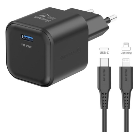 Swissten síťový adaptér GaN 1x USB-C 35W Power Delivery + datový kabel USB-C/Lightning 1.2m čern