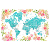 Mapa Floral bohemian world map with cities, Halen, Blursbyai, (40 x 26.7 cm)