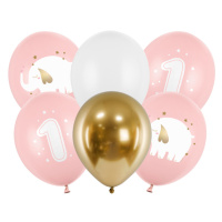 PartyDeco Latexové balóny - První narozeniny sloník růžové 6 ks