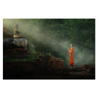 Fotografie Monk worship the Buddha statue., Sangkhom Simma, 40 × 26.7 cm