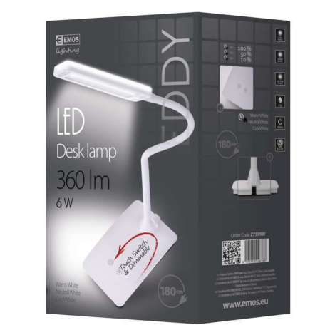 Emos LED stolní lampa Eddy, 6W, 360 lm, stmívatelná + barva světla, bílá