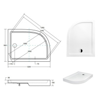 HOPA SATURN, asymetrická sprchová vanička akrylátová Rozměr A 120 cm, Rozměr B 90 cm, Rozměr C 1