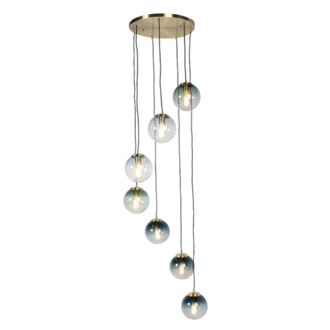 Art Deco závěsné svítidlo mosazné se sklem modré 7-světlo - Pallon QAZQA